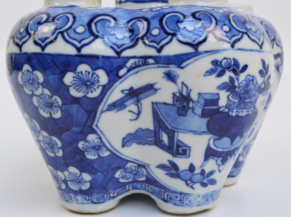 A 19th century Chinese tulip vase painted in underglaze blue with two opposing panels depicting a - Image 5 of 5