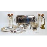 A quantity of silver plate including a serving dish, an egg cruet stand, a twin handled tray, etc.