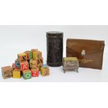 A selection of vintage children's building blocks, a Masonic leather pouch inscribed "Bro.