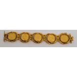 Five Mexican 10 peso gold coins in an 18ct openwork gold bracelet, length 19cm, approx 102g.