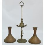 A four branch brass wick lamp plus two lamp bases, height of wick lamp 47cm (3).