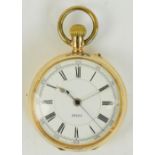 A late 19th/early 20th century 14ct yellow gold cased open faced crown wind pocket watch,