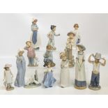 Thirteen Nao figures to include a girl with a parasol, a cowboy, a Virgin Mary,