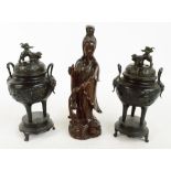 A pair of early 20th century Chinese spelter koros and covers, height 25cm,