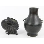 A Japanese Meiji period bronze incense burner/vase modelled as a cockerel,