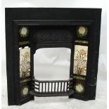 A Victorian cast iron fireplace with floral decorated tiles inserts, width 91.5cm.