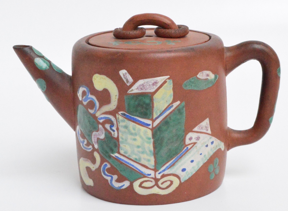 A 19th century Chinese Yixing teapot of cylindrical form, painted in enamels with various objects,