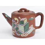 A 19th century Chinese Yixing teapot of cylindrical form, painted in enamels with various objects,
