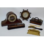 A small quantity of collectors' items comprising a wooden ink stand with square ink wells,