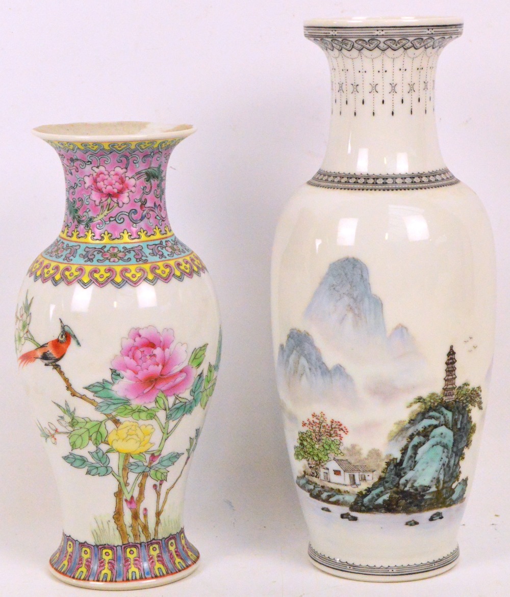 A 20th century Chinese Republic style baluster vase decorated with mountainous and architectural