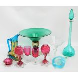 A small collection of mostly coloured glass including a large green tazza with pierced stem,