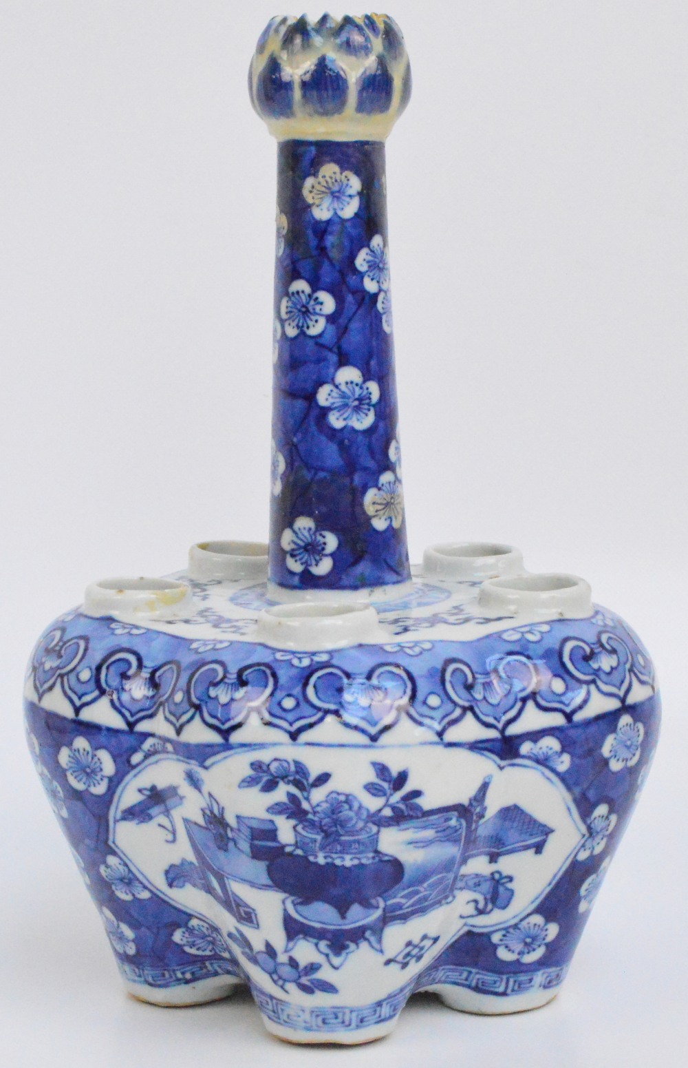 A 19th century Chinese tulip vase painted in underglaze blue with two opposing panels depicting a