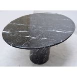 A large contemporary veined marble oval centre table raised on faceted central column, length 197cm.