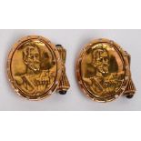 A pair of Russian 14ct yellow gold oval cufflinks with cast portrait of Tsar Nicholas II,