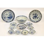A quantity of Chinese blue and white porcelain items to include a rice decorated bowl, diameter 20.