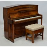 An Art Deco walnut and leopard veneer crossbanded overstrung upright piano by Danemann,