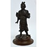 A Japanese Meiji period bronze figure of a warrior, height 18cm excluding turned wooden base (af).