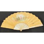 A late 19th century French folding fan with plain mother of pearl guards and sticks,