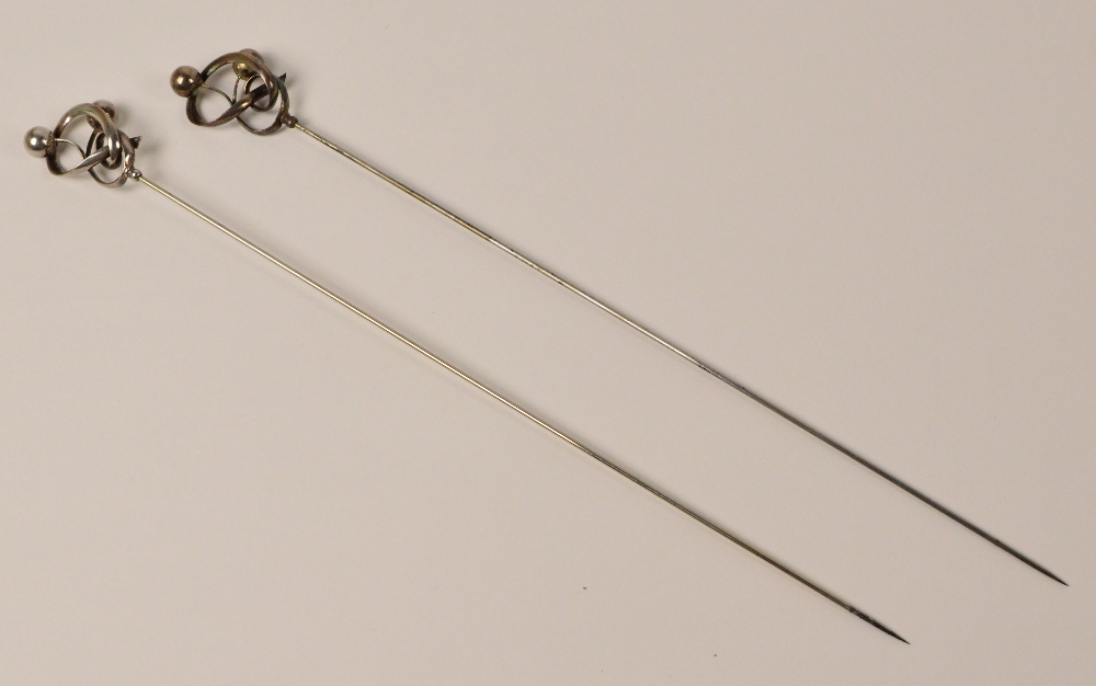 A pair of Charles Horner hallmarked silver hat pins of looping design, each with applied balls, - Image 2 of 2