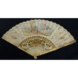 A Dutch late 18th/early 19th century folding fan with bone pierced and inlaid guards with matching