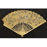 A 19th century Canton folding fan with pierced carved figural bone guards and pierced sticks with