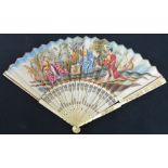 A possibly Canton export early 19th century folding fan with carved ivory guards,