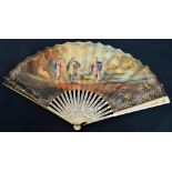 A European early 19th century folding fan with pierced and gilt decorated guards with mother of
