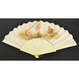 A late 19th century French folding fan with shaped bone guards and sticks with bone edged rivet and