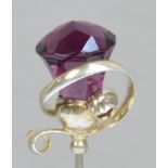 A Charles Horner sterling silver hat pin in the form of a large amethyst coloured glass thistle