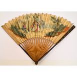 A 19th century folding fan with painted ebonised guards and plain wooden sticks,