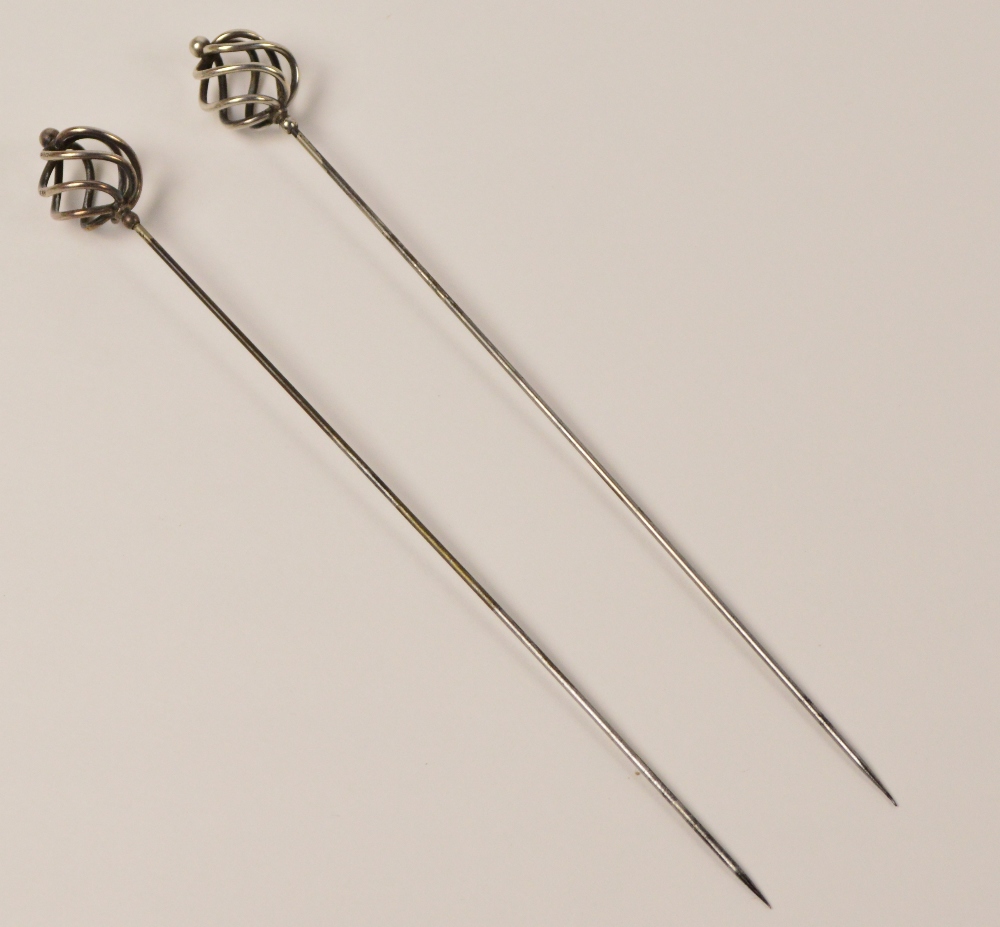 A pair of Charles Horner hallmarked silver hat pins in the form of swirl spheres with finials, - Image 2 of 2