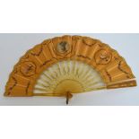 A 19th century folding battoir type fan, the horn sticks with gilded foliate decoration,