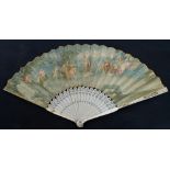 A mid 19th century folding fan with ivory guards set with mother of pearl,