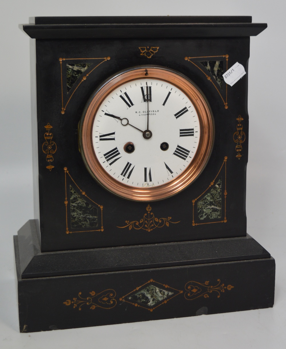 An early 20th century black slate mantel clock with inlaid decoration, 'R.C.