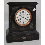 An early 20th century black slate mantel clock with inlaid decoration, 'R.C.