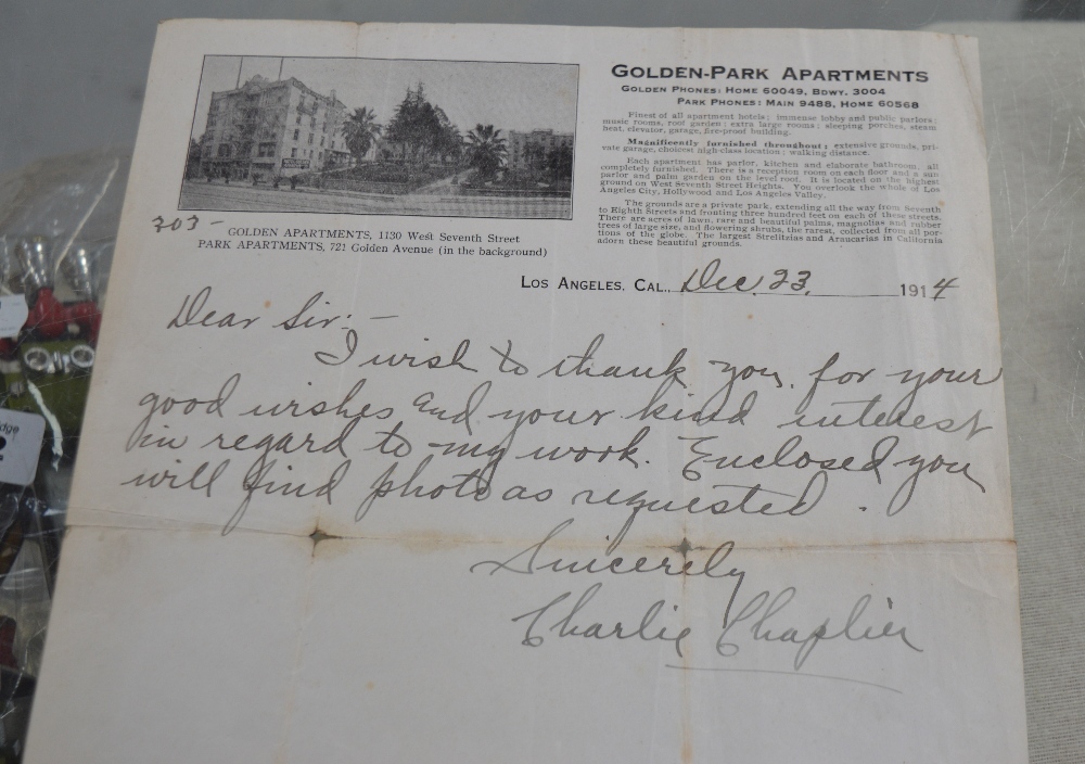 A letter of thanks from Charlie Chaplin to one of his fans signed by the actor and date 1914 on - Image 2 of 2