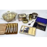 A quantity of silver plated items to include boxed and loose cutlery, ladles, a dish frame,