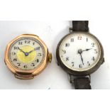 A 9ct rose gold watch head, dial set with Arabic numerals and a silver trench style wristwatch,