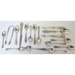 Seventeen hallmarked silver teaspoons, pickle forks, sugar tongs etc, various date marks,