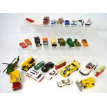 Two boxes of playworn mainly Dinky vehicles to include buses, cars, lorries etc.