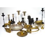 A small quantity of brass and metal ware to include a plated tray, hunting horn,