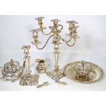 A quantity of silver plated items, a silver plated three piece tea service, candelabra etc.