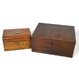 A mahogany and inlaid writing box and a smaller jewellery box with lift-out tray (2).