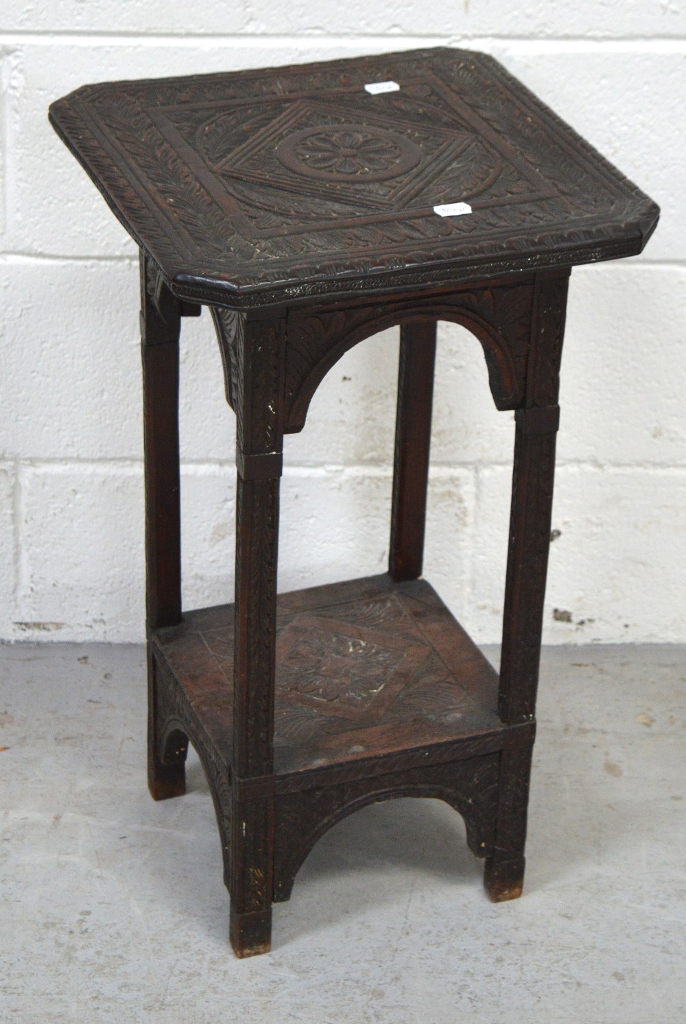 A early 20th century Indian hardwood side table with lower shelf, 36 x 36cm, height 60cm.