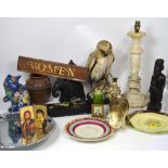 Two boxes of collectibles to include a plated tray, an Edwardian glove box,