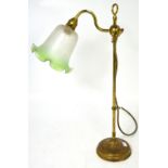 A vintage brass angle poise desk lamp with fluted green glass shade, height 53cm.