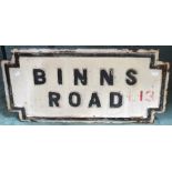 A 'Binns Road L13' painted cast iron street sign, length 72cm.