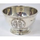 A George VI hallmarked silver bowl on pedestal base, Elkington & Co, two figures of warriors,