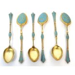 Six David Andersen silver gilt and turquoise enamel teaspoons, Birmingham import marks for 1896 (6).