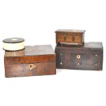 Four boxes to include a small mahogany sewing box with mother of pearl inlay (af),